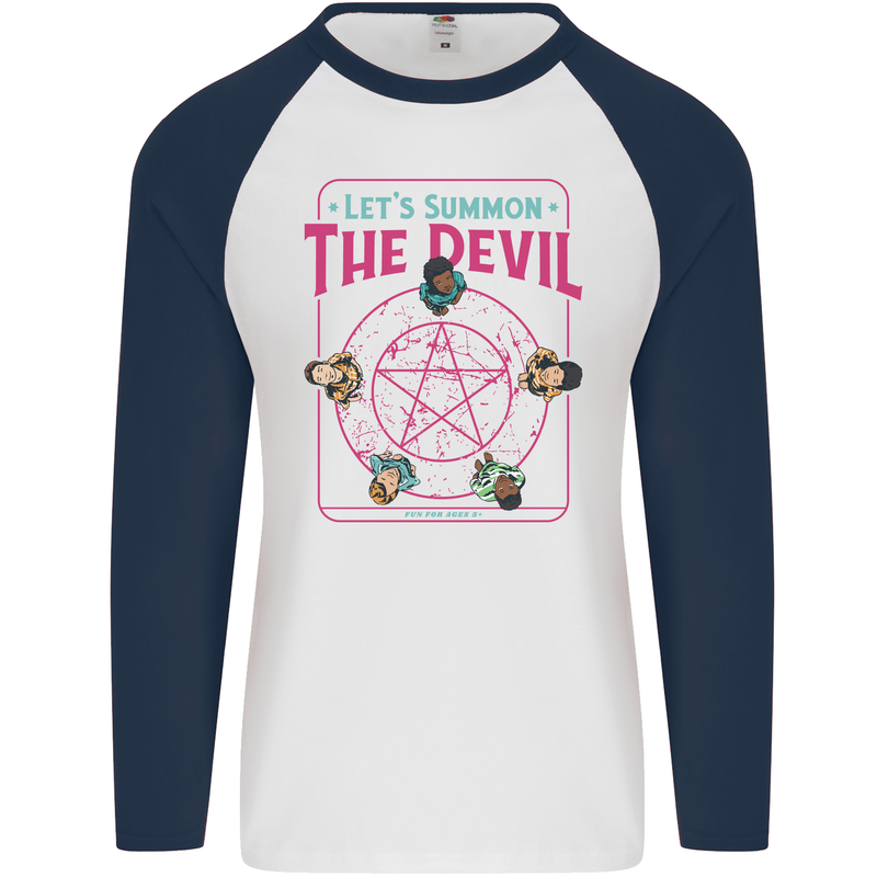 Let's Summon the Devil Ouija Board Demons Mens L/S Baseball T-Shirt White/Navy Blue