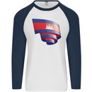 Curled Cambodia Flag Cambodian Day Football Mens L/S Baseball T-Shirt White/Navy Blue