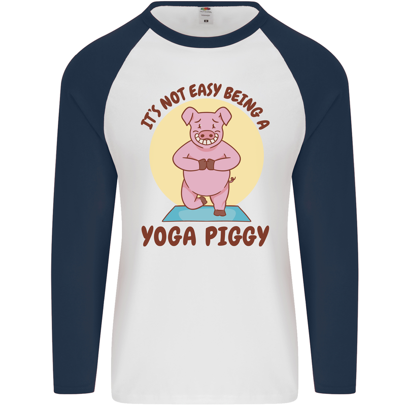 It's Not Easy Being a Yoga Piggy Funny Pig Mens L/S Baseball T-Shirt White/Navy Blue