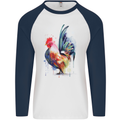 A Chicken Watercolour Mens L/S Baseball T-Shirt White/Navy Blue