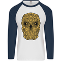 Ethnic Skull Gothic Tribal Demon Mens L/S Baseball T-Shirt White/Navy Blue