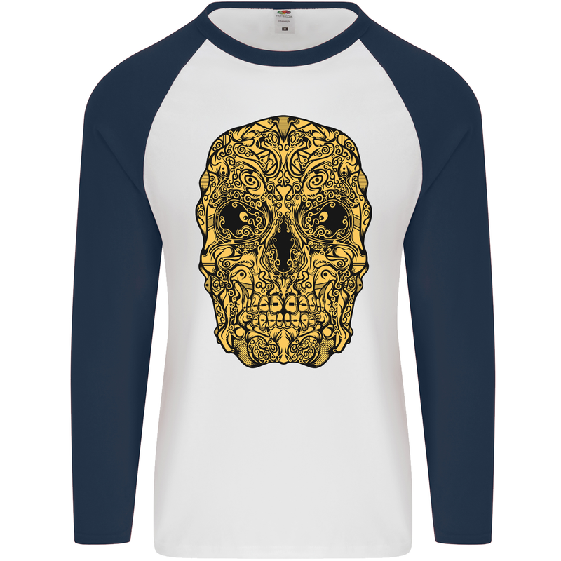 Ethnic Skull Gothic Tribal Demon Mens L/S Baseball T-Shirt White/Navy Blue