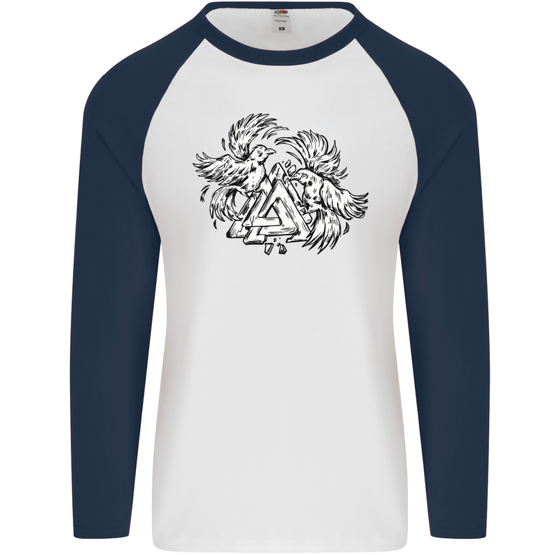 Vikings Valknut Symbol With Ravens Mens L/S Baseball T-Shirt White/Navy Blue