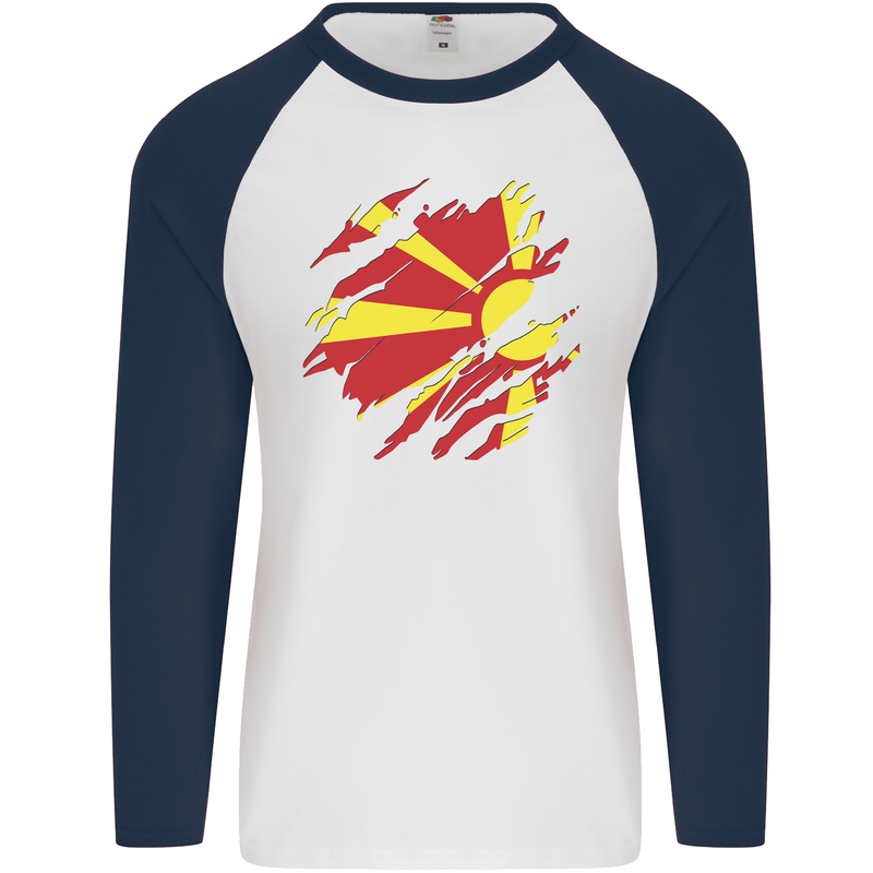 Torn Macedonia Flag Macedonian Day Football Mens L/S Baseball T-Shirt White/Navy Blue