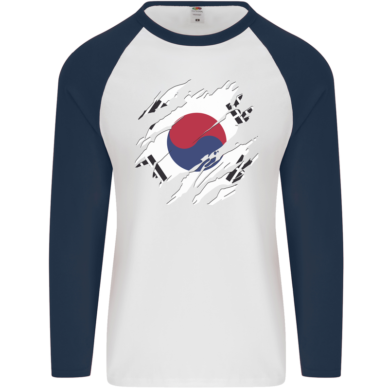 Torn South Korea Flag Korean Day Football Mens L/S Baseball T-Shirt White/Navy Blue