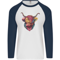 Colourful Highland Cow Mens L/S Baseball T-Shirt White/Navy Blue