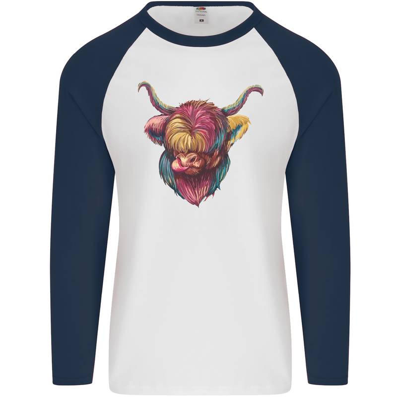 Colourful Highland Cow Mens L/S Baseball T-Shirt White/Navy Blue