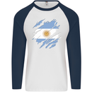 Torn Argentina Flag Argentinian Day Football Mens L/S Baseball T-Shirt White/Navy Blue