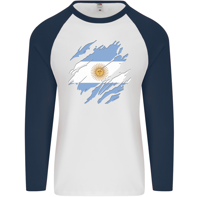 Torn Argentina Flag Argentinian Day Football Mens L/S Baseball T-Shirt White/Navy Blue