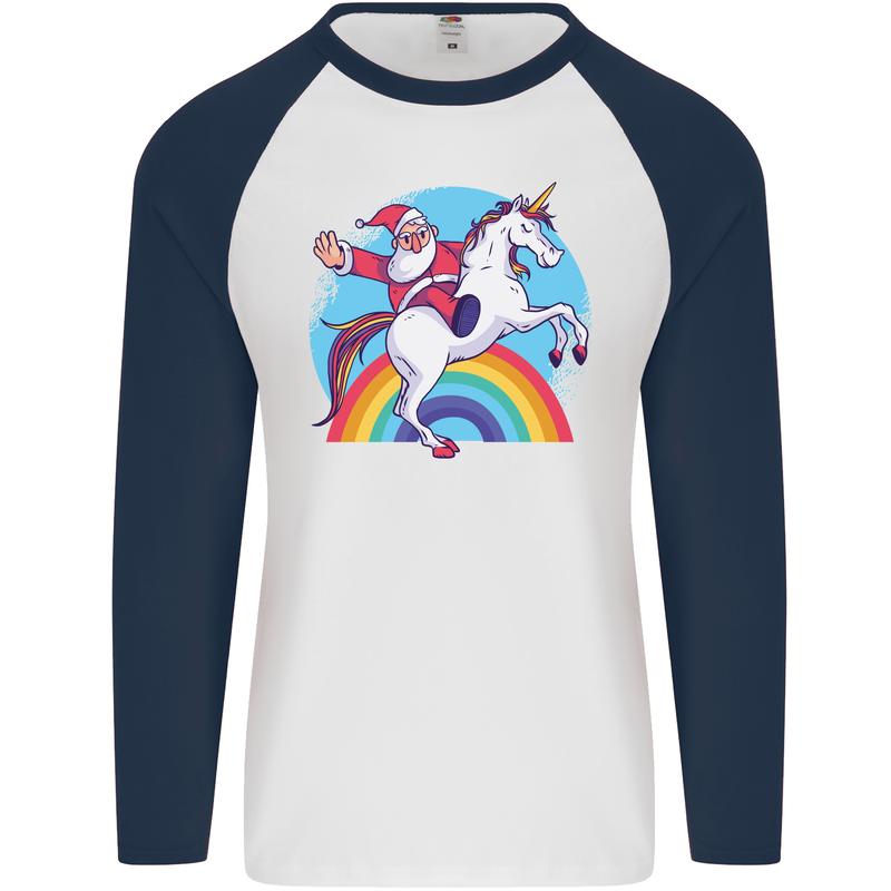 Santa Claus On a Unicorn Christmas Xmas Mens L/S Baseball T-Shirt White/Navy Blue