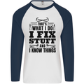 I Fix Stuff Funny Electrician Sparky DIY Mens L/S Baseball T-Shirt White/Navy Blue