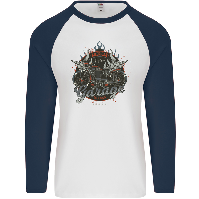 American Custom Garage Biker Motorcycle Mens L/S Baseball T-Shirt White/Navy Blue