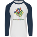 Dripping Rubik Cube Funny Puzzle Mens L/S Baseball T-Shirt White/Navy Blue