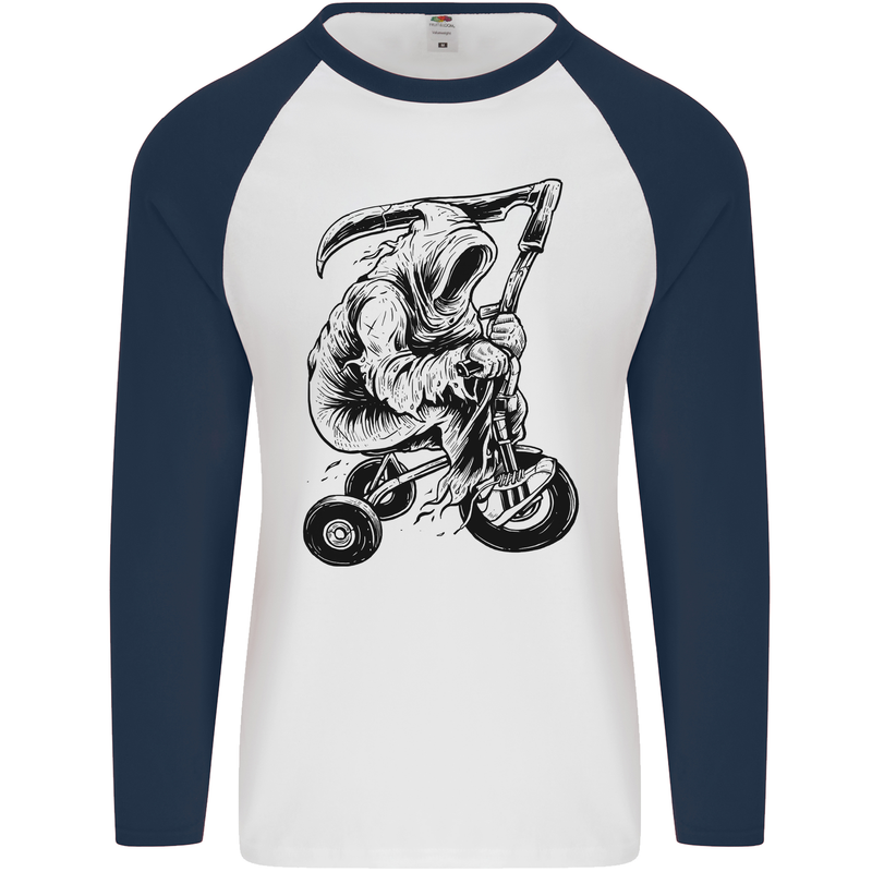 Grim Reaper Trike Bicycle Cycling Gothic Mens L/S Baseball T-Shirt White/Navy Blue