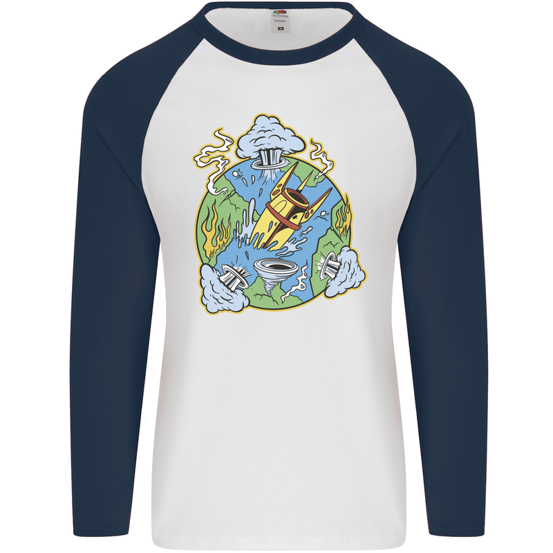 Climate Change Earth Destruction Nuclear War Mens L/S Baseball T-Shirt White/Navy Blue