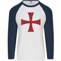 Knights Templar Cross Fancy Dress Outfit Mens L/S Baseball T-Shirt White/Navy Blue