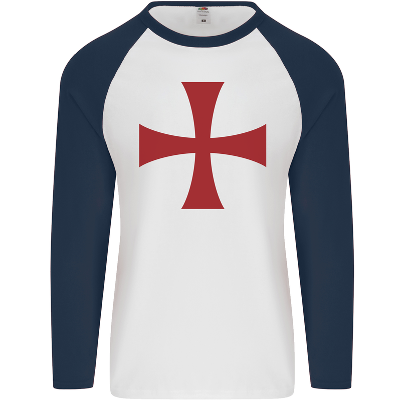 Knights Templar Cross Fancy Dress Outfit Mens L/S Baseball T-Shirt White/Navy Blue