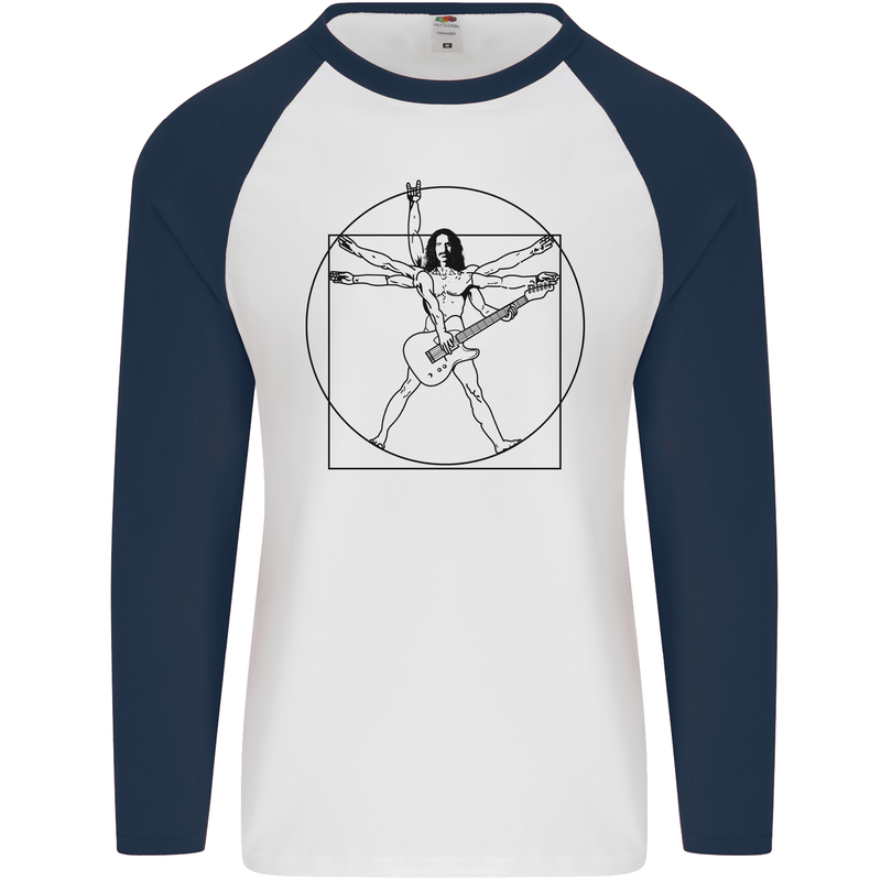 Guitar Frank Zappa Vitruvian Man Guitarist Mens L/S Baseball T-Shirt White/Navy Blue