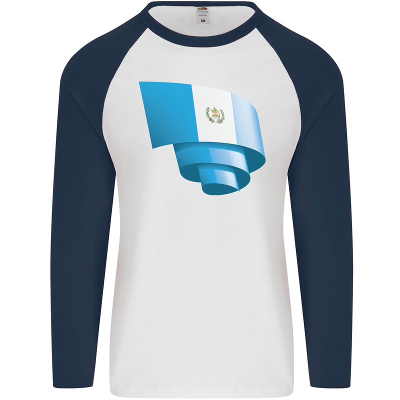 Curled Guatemala Flag Guatemalan Day Football Mens L/S Baseball T-Shirt White/Navy Blue