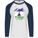 Torn Lesotho Flag Basotho Day Football Mens L/S Baseball T-Shirt White/Navy Blue