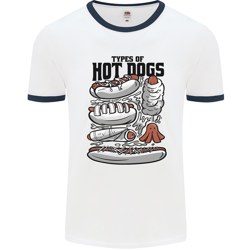 Types of Hot Dogs Funny Fast Food Mens Ringer T-Shirt White/Navy Blue