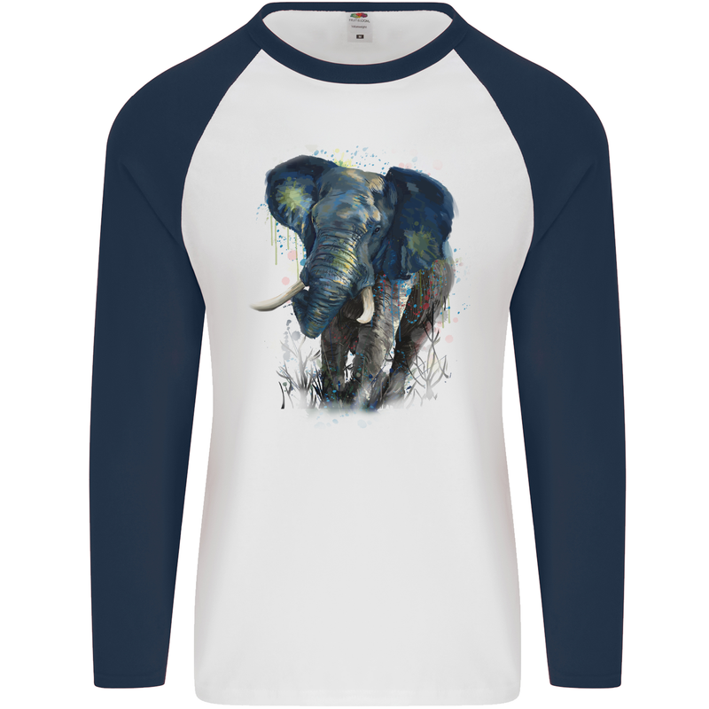 A Big Elephant Watercolour Mens L/S Baseball T-Shirt White/Navy Blue