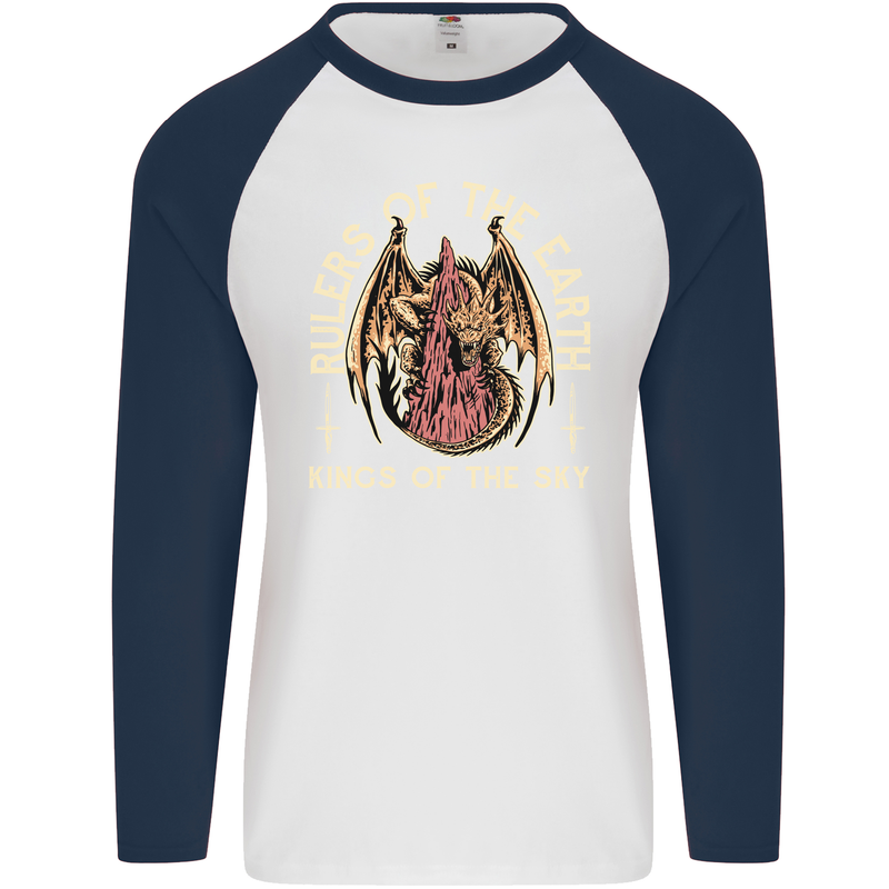 Dragons Rulers of the Earth Fantasy RPG Mens L/S Baseball T-Shirt White/Navy Blue