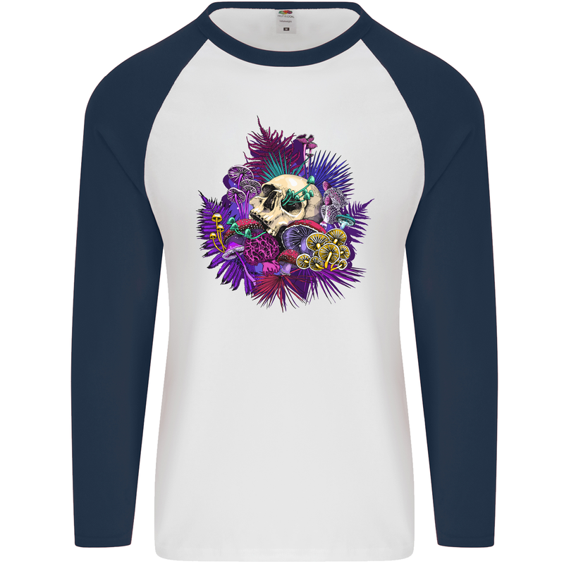 Magic Mushroom Skull LSD Hallucinogenic Mens L/S Baseball T-Shirt White/Navy Blue