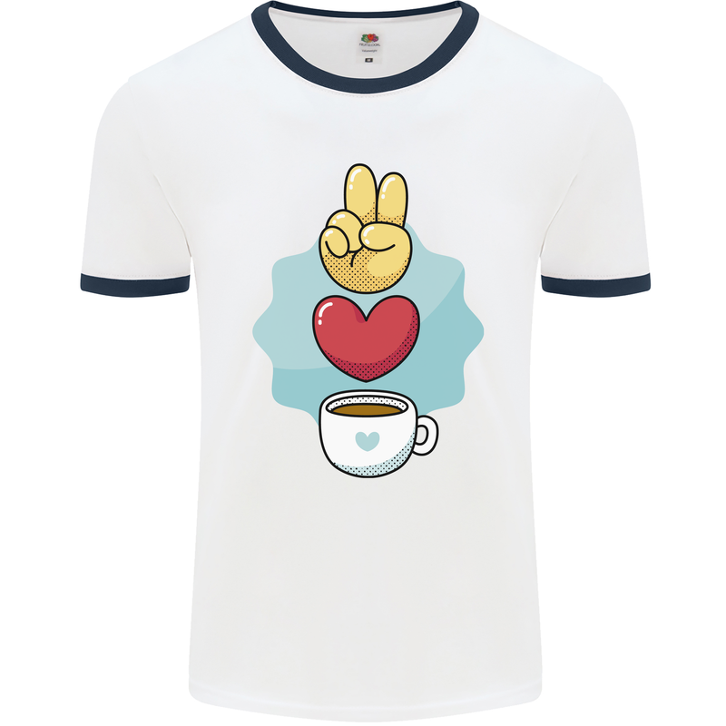 Peace Love Coffee Mens Ringer T-Shirt White/Navy Blue