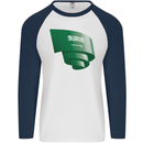 Curled Saudi Arabia Flag Arabian Day Football Mens L/S Baseball T-Shirt White/Navy Blue