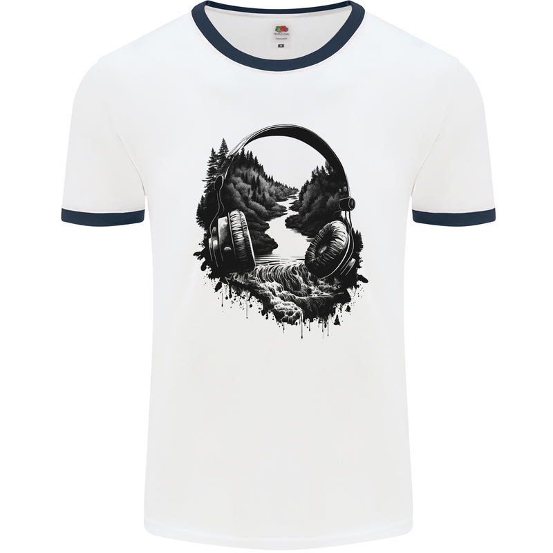 Headphones & Nature Music Trekking Hiking Mens Ringer T-Shirt White/Navy Blue