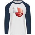 Curled Malta Flag Maltese Day Football Mens L/S Baseball T-Shirt White/Navy Blue