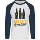 Grooms Brew Crew Beer Stag Doo Do Mens L/S Baseball T-Shirt White/Navy Blue