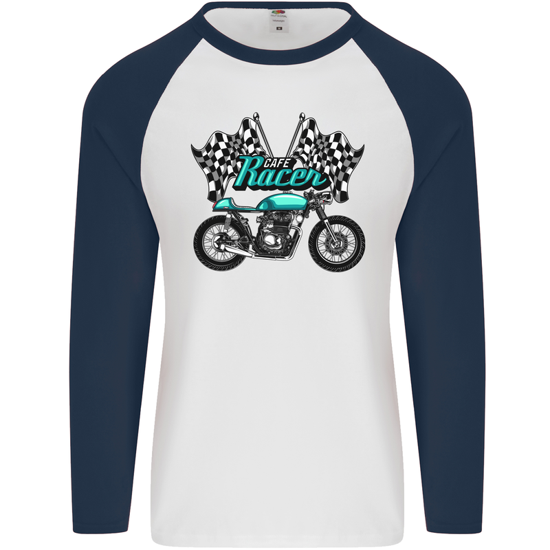 Cafe Racer Biker Motorcycle Motorbike Mens L/S Baseball T-Shirt White/Navy Blue