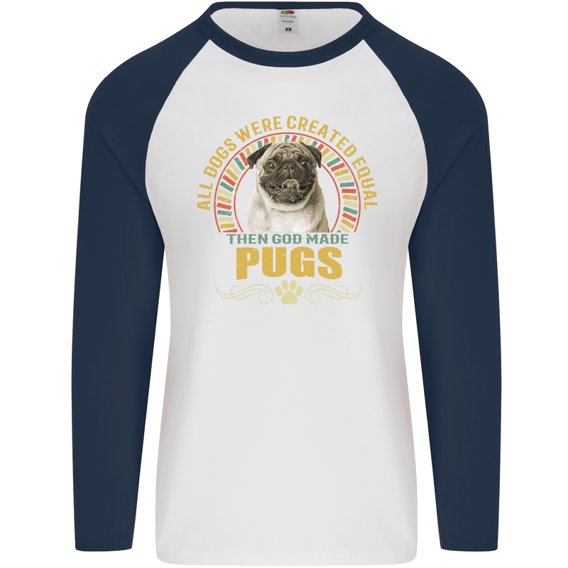 A Pug Dog Mens L/S Baseball T-Shirt White/Navy Blue