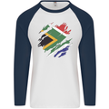 Torn South African Flag Africa Day Football Mens L/S Baseball T-Shirt White/Navy Blue