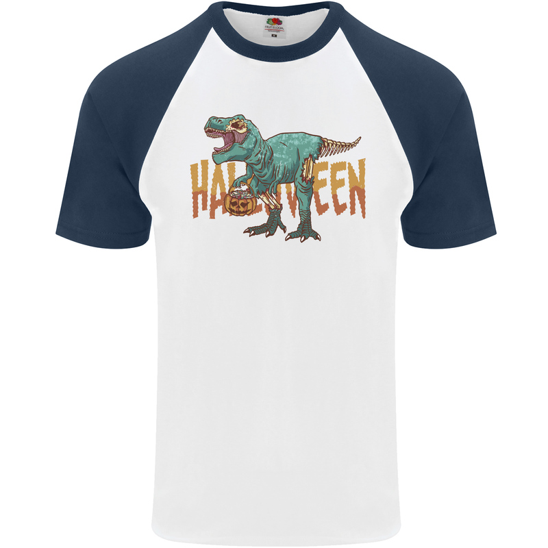 T-Rex Halloween Dinosaur Mens S/S Baseball T-Shirt White/Navy Blue