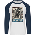 Two Wheels Biker Motorcycle Motorbike Mens L/S Baseball T-Shirt White/Navy Blue