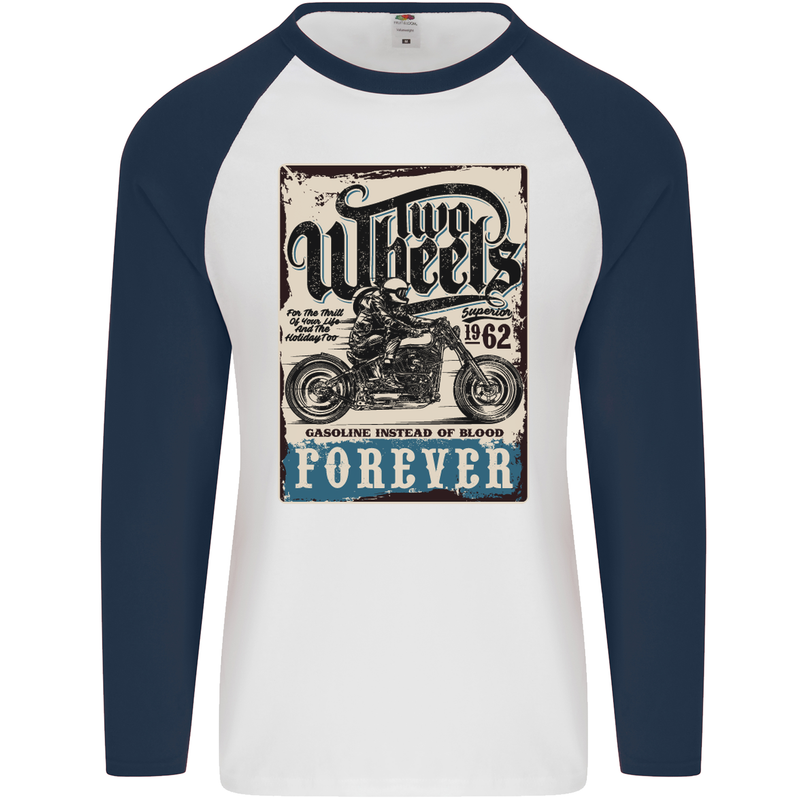 Two Wheels Biker Motorcycle Motorbike Mens L/S Baseball T-Shirt White/Navy Blue