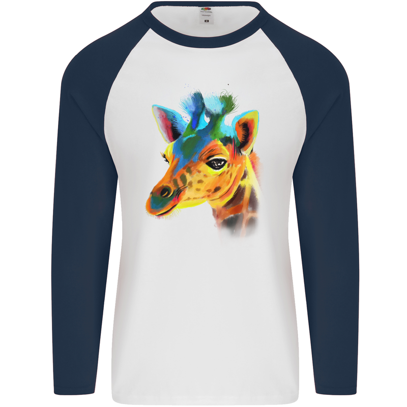 A Giraffe Watercolour Mens L/S Baseball T-Shirt White/Navy Blue