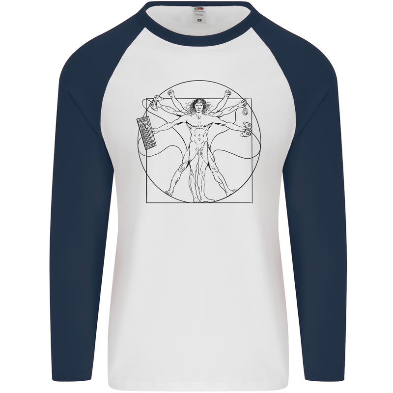 Gaming Vitruvian Gamer Funny Video Games Mens L/S Baseball T-Shirt White/Navy Blue