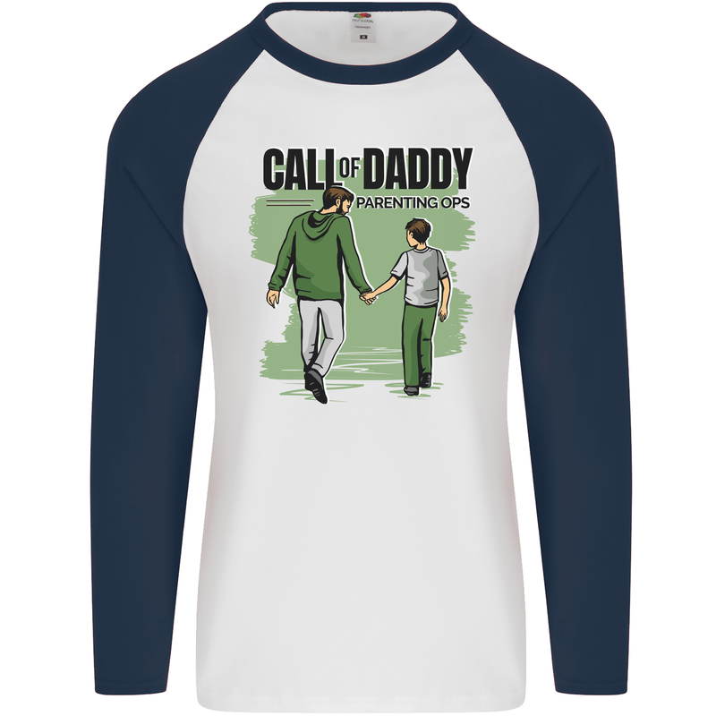 Call of Daddy Funny Parody Father's Day Dad Mens L/S Baseball T-Shirt White/Navy Blue