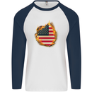 The Stars & Stripes American Flag Fire USA Mens L/S Baseball T-Shirt White/Navy Blue
