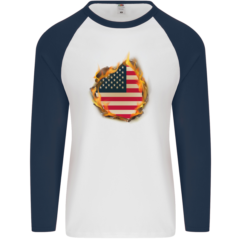 The Stars & Stripes American Flag Fire USA Mens L/S Baseball T-Shirt White/Navy Blue
