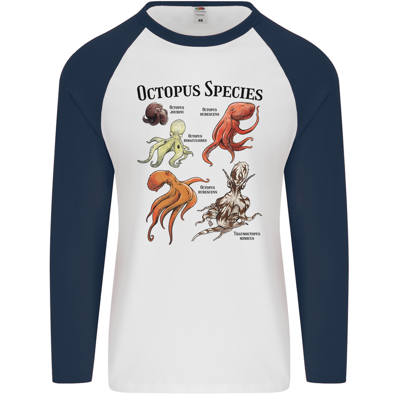 Octopus Species Sealife Scuba Diving Mens L/S Baseball T-Shirt White/Navy Blue