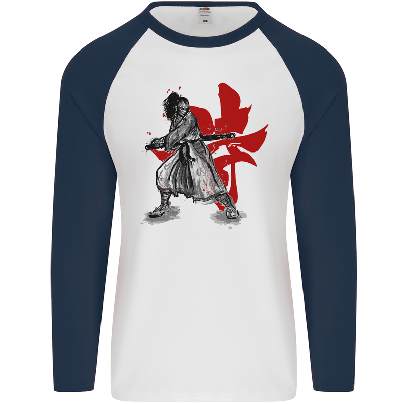 Samurai Spirit MMA Mixed Martial Arts Mens L/S Baseball T-Shirt White/Navy Blue