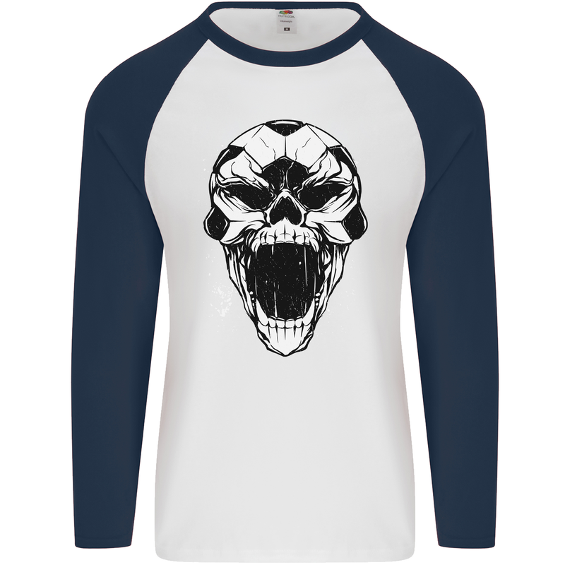 A Football Skull Soccer Footy Mens L/S Baseball T-Shirt White/Navy Blue