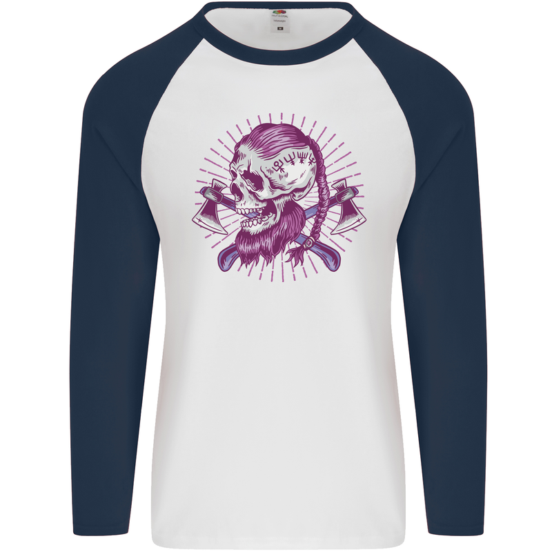Viking Axe Skull Mens L/S Baseball T-Shirt White/Navy Blue