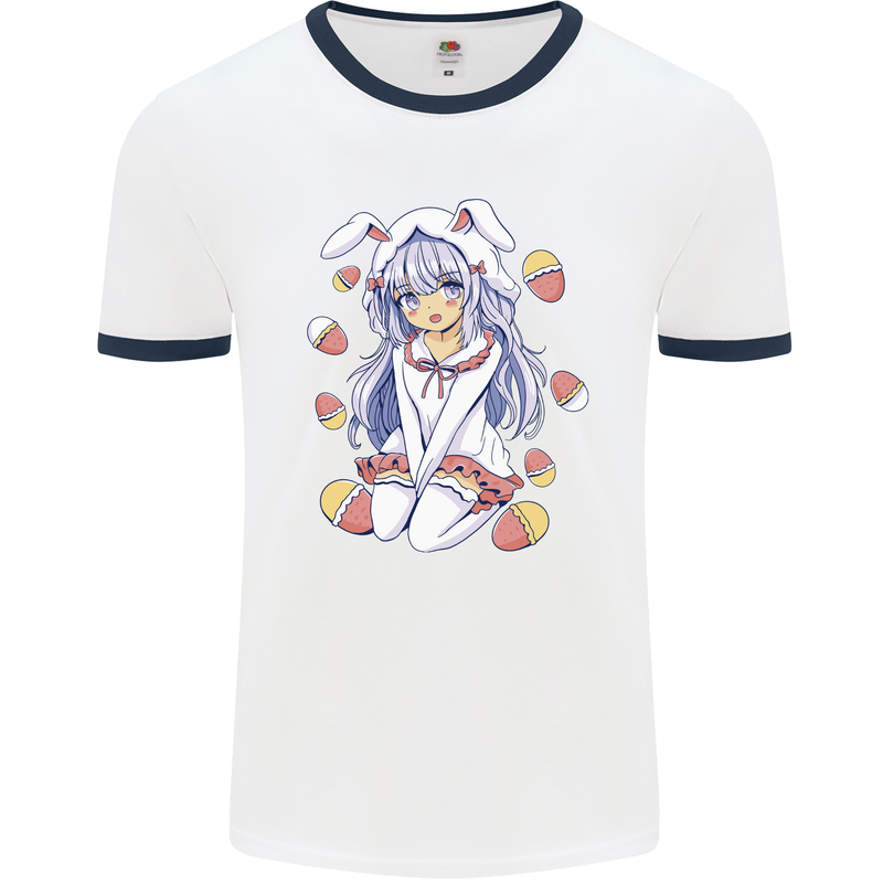 Easter Anime Girl With Eggs and Bunny Ears Mens Ringer T-Shirt White/Navy Blue