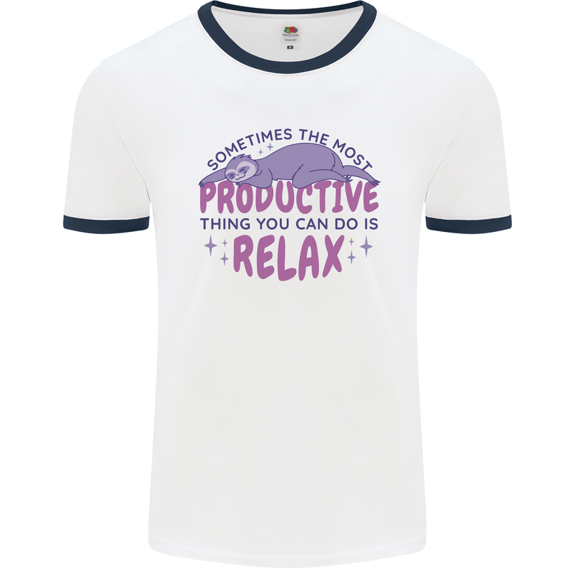 Funny Relaxing Sloth Mens Ringer T-Shirt White/Navy Blue